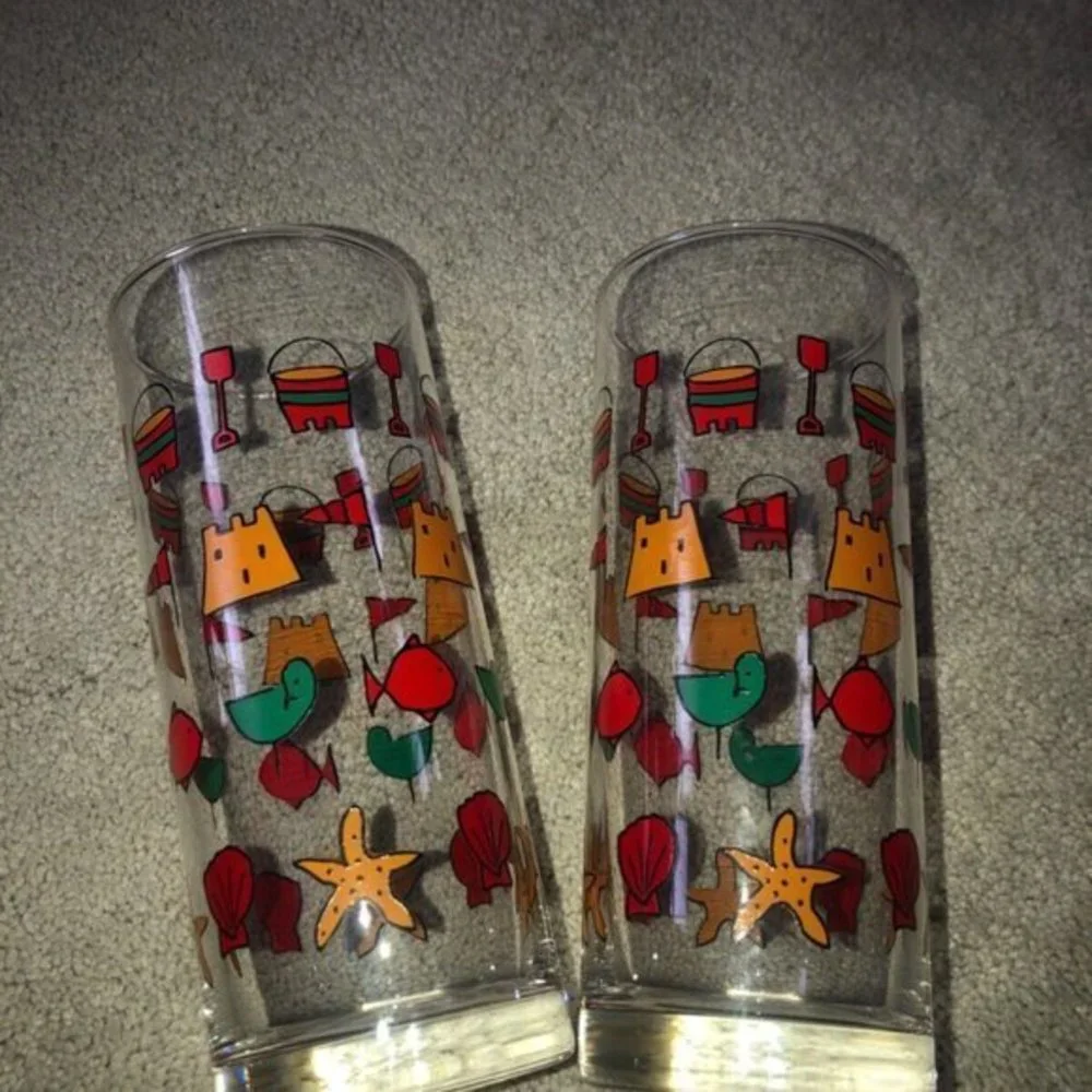 Vintage‎ Sandcastle Bucket Bird Fish HIGHBALL GLASSES (2) OCEAN BARWARE